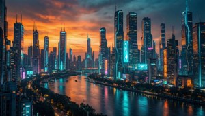 Un paisaje urbano futurista de pantalla ultra ancha con reflejos de neón