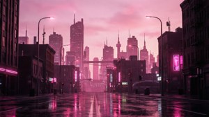 Un paisaje urbano estético de color rosa claro con reflejos de neón.
