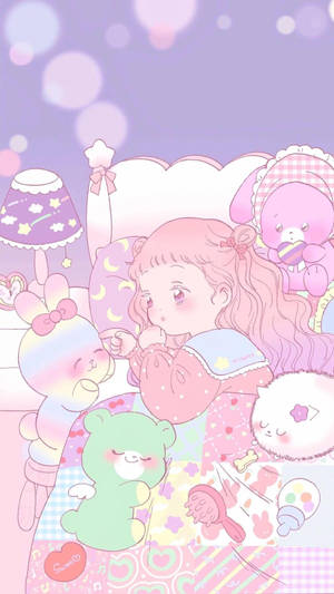 Niña Anime Kawaii en la Cama con Peluches
