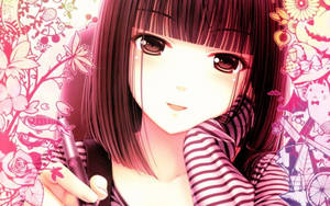 Niña Anime Kawaii Sosteniendo Pluma con Garabatos