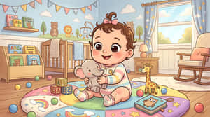 bebé,guardería,dibujos animados,ilustración,niño,habitación,interior,lindo,juguetes,bebé,niño pequeño,sala de juegos,pastel,personaje,peluche,elefante,cuna,bloques,diseño,fondo