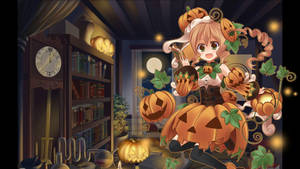 Fondo de pantalla de niña caricatura de Halloween con vestido de calabaza