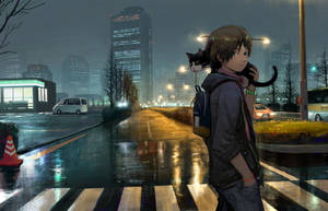 Niño anime lindo cargando un gato en las calles