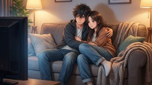 Pareja de anime acurrucada en el sofá — Pareja de anime GIF Fondos de pantalla