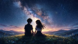 Silueta de pareja anime bajo un cielo estrellado — Pareja de anime GIF Fondos de pantalla