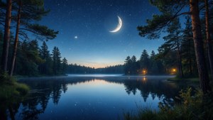 Un fondo de pantalla artístico y tranquilo que muestra un lago nocturno estrellado con el reflejo de la luna.