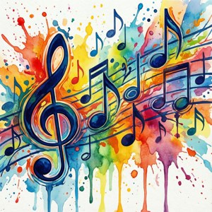 Notas musicales abstractas en acuarela con salpicaduras coloridas. — Estética musical Fondos de pantalla