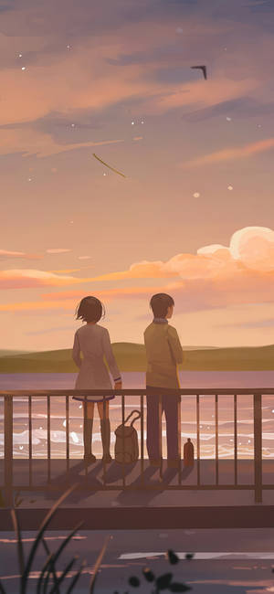 Novio y novia mirando el lago arte — Escena de anime GIF Fondos de pantalla