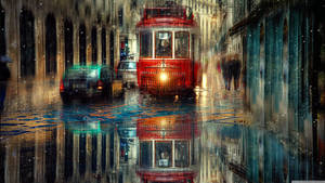 Fondo de pantalla 4K de obra de arte de un tren rojo y autos bajo la lluvia.