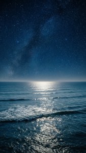 Océano tranquilo bajo un cielo nocturno estrellado con reflejos. — Vista del cielo Fondos de pantalla