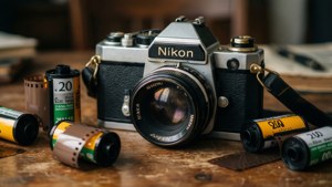 Una cámara de película vintage con rollos de película, celebrando la fotografía analógica. — Estética retro Fondos de pantalla