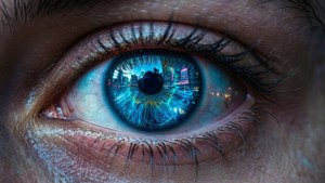 Primer plano de un ojo con brillo azul neón, estilo cyberpunk