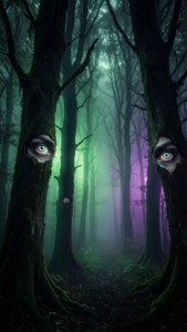 Ojos brillantes observan desde un bosque oscuro y brumoso. — Estética oscura psicodélica Fondos de pantalla
