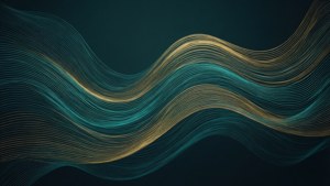 Un papel tapiz abstracto moderno con olas fluidas en verde azulado y dorado, ideal para un aspecto elegante.