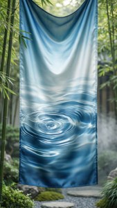 Sereno estandarte de ondulación de agua en azul y blanco, tela de seda, entorno de jardín zen. — iPhone 5 Fondos de pantalla