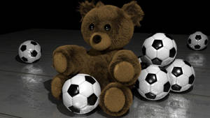 Fondo de pantalla de escritorio de osito de peluche esponjoso con múltiples balones de fútbol.