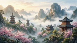 Tranquilo paisaje montañoso chino con pagodas y flores de cerezo en estilo acuarela — Chino Fondos de pantalla