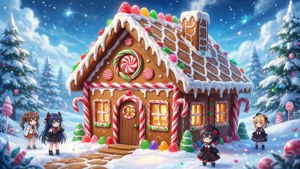 Casa de jengibre estilo anime con dulces y nieve, estilo fantástico.