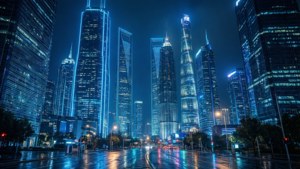 Horizonte de ciudad futurista brillando con luces neón azules — Azul neón Fondos de pantalla