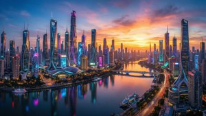 Fondo de pantalla ultra panorámico de una ciudad futurista al atardecer con reflejos de neón.