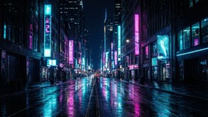 Paisaje urbano neón vibrante con negros profundos para pantallas OLED.