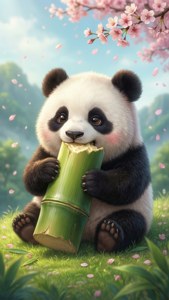 Adorable panda kawaii disfrutando del bambú en primavera. — Kawaii Fondos de pantalla
