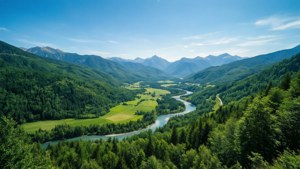Una vista panorámica amplia de un valle frondoso para monitores duales.