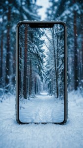 iPhone 11 en la nieve con fondo de bosque invernal