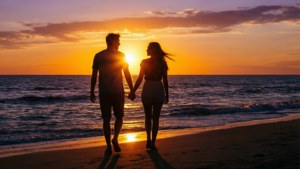 Silueta romántica de una pareja caminando por la playa al atardecer, estética de tarde de verano. — Estética de verano Fondos de pantalla