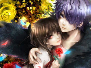 Pareja de anime abrazando una rosa — Pareja de anime GIF Fondos de pantalla