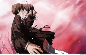 Pareja de anime abrazándose en cielo rojo — Pareja de anime GIF Fondos de pantalla