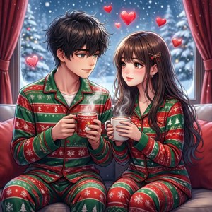 Pareja de anime en pijamas navideños viendo la nieve