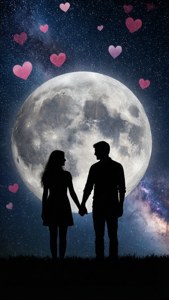 Silueta romántica de una pareja bajo una luna galáctica con estrellas en forma de corazón. — iPhone 6 Fondos de pantalla