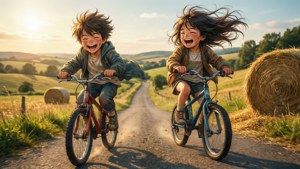 Niños de anime andando en bicicleta cuesta abajo por el campo durante la hora dorada. — Anime niños Fondos de pantalla