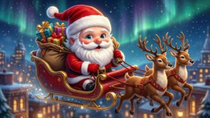 Santa anime chibi volando en un trineo con renos sobre una ciudad de noche.