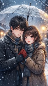 Pareja de anime bajo la nieve con un paraguas — Pareja de anime GIF Fondos de pantalla