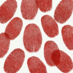 Patrón abstracto de formas de huellas digitales rojas de OnePlus sobre blanco.