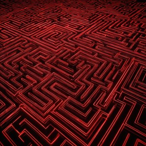 Hipnótico patrón de laberinto rojo neón con líneas brillantes. — Rojo neón Fondos de pantalla