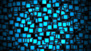 Fondo de pantalla de cuadrados azules brillantes en 3D sobre negro.