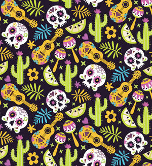 Fondo de pantalla de patrones de México: calavera, cactus y guitarra — Música estética Fondos de pantalla