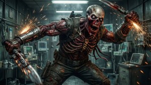 Combate intenso entre Isaac y un necromorfo Bruto en la enfermería.