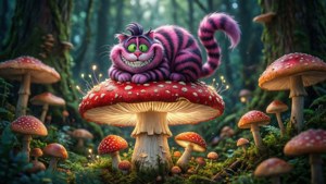 El Gato de Cheshire sobre un hongo gigante en un bosque encantado. — Gato de Cheshire Fondos de pantalla