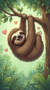 Fondo de pantalla de Un lindo perezoso de caricatura colgando con corazones.