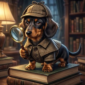 Un astuto perro salchicha al estilo anime como detective investiga en una acogedora biblioteca. — Galaxy Watch Fondos de pantalla