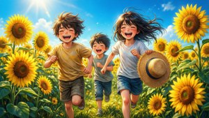 Niños de anime jugando en un campo de girasoles en un brillante día de verano. — Anime niños Fondos de pantalla