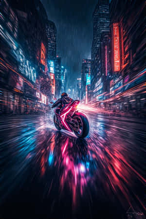 moto neón, persecución urbana, ciudad oscura, estelas de luz, noche, vibrante, cyberpunk, cinematográfico, 4K, fondo de pantalla retrato — Ciudad oscura Fondos de pantalla
