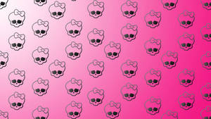 Calavera con moño en la cabeza sobre fondo degradado rosa.