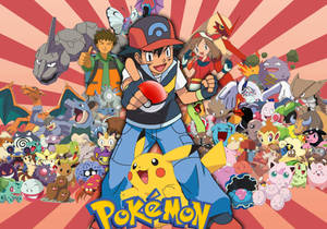 Personajes Pokémon con Ash, Brock, Misty, Pikachu y otros Pokémon.