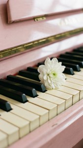 Teclas de piano con flores blancas, colores pastel suaves. — Estética musical Fondos de pantalla