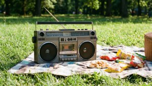 Una radiocasetera retro disfrutando de un día soleado en un picnic en el parque. — Estética musical Fondos de pantalla